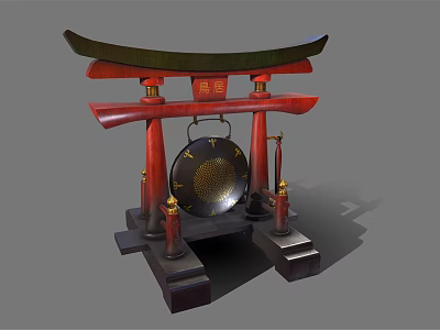 Traditional Chinese Memorial Archway Red Wooden Structure With Golden Decorations And Hanging Bell 3d model
