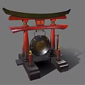 Traditional Chinese Memorial Archway Red Wooden Structure With Golden Decorations And Hanging Bell