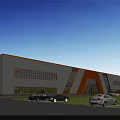 Modern Industrial Factory With White Orange Exterior Large Glass Windows Front Parking Area With Cars