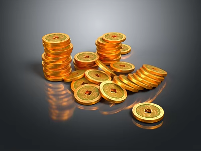 Gold Ancient Coin Design Jewelry Pieces Stacked And Scattered With Square Holes 3d model