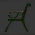 Classic Wooden Bench With Green Metal Armrests And Slatted Seat Design