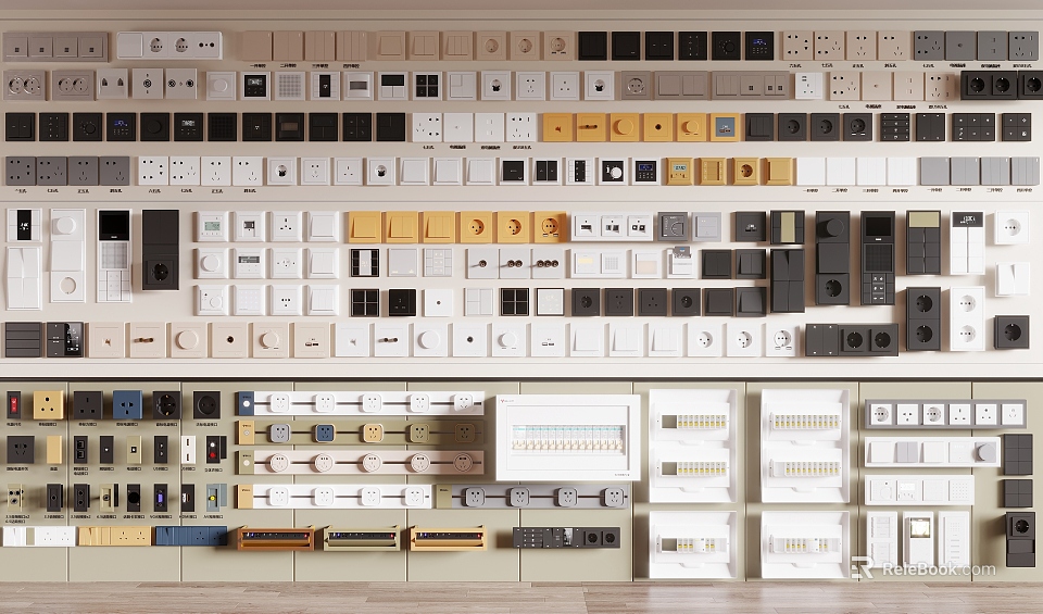 Various Styles Of Switch Panels In Different Colors And Multiple Designs Displayed On Wall 3d model 