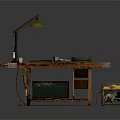Vintage Wooden Workbench Setup With Table Lamp Tools Storage Box And Metal Toolbox