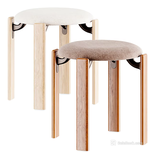 Modern Wooden Leg Stools With Upholstered Beige And Brown Seats 3d model 