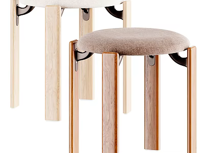 Modern Wooden Leg Stools With Upholstered Beige And Brown Seats 3d model