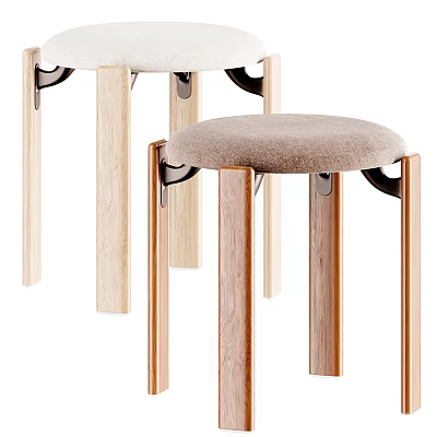 Modern Wooden Leg Stools With Upholstered Beige And Brown Seats 3d model