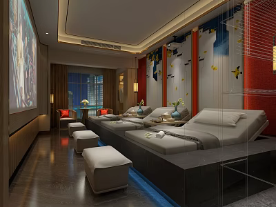 Modern SPA Sauna Interior With Comfortable Massage Beds Decorative Walls And Soft Lighting 3d model