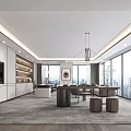 Modern Office Interior With Large Windows City View Sofa Area Desk And Bookshelves