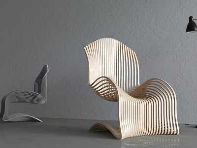Ergonomic Curved Striped Wooden Chair With Light Dark Colors In Minimalist Interior 3d model