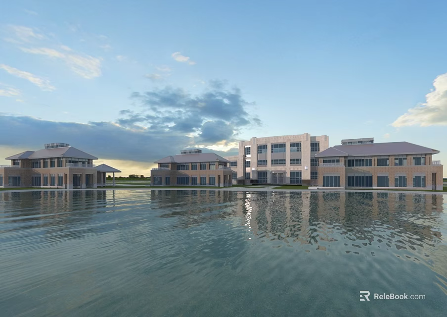 Modern Detached Villa Exterior With Water Reflection And Light Roof Design 3d model 