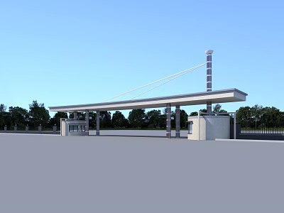 Modern Entrance Gate Design With Canopy Roof Pillars And Green Trees Surroundings 3d model