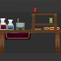 Pixel Style Wooden Workbench Furniture With Shelves Colorful Bottles And Red Cloth