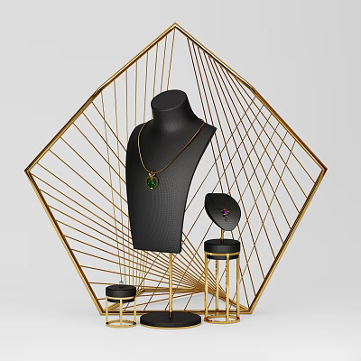 Geometric Golden Frame Display Shelf With Black Mannequin Necklace And Stands 3d model