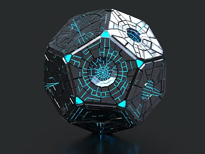 Futuristic Geometric Ornament Decoration Set With Black Silver Body And Blue Luminous Lines 3d model