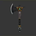 Ornate Fantasy Axe With Green Gemstone Golden Patterns And Leather Wrapped Handle