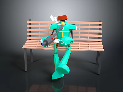 Green Robot Sitting On Wooden Bench With Red Hat And Mechanical Arm 3d model