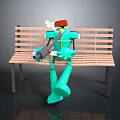 Green Robot Sitting On Wooden Bench With Red Hat And Mechanical Arm
