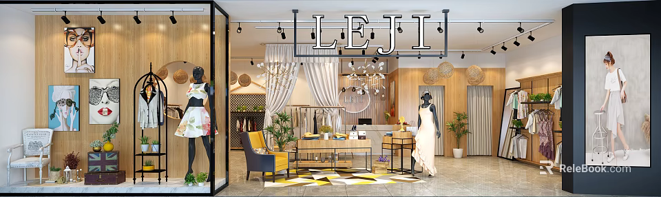 Elegant Clothing Store Interior With Mannequins Chandeliers Display Tables Plants And Rug 3d model 