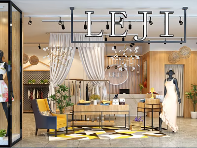 Elegant Clothing Store Interior With Mannequins Chandeliers Display Tables Plants And Rug 3d model
