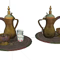 Brass Tea Set With Copper Teapots Small Cups And Nut Bowls On Round Mats