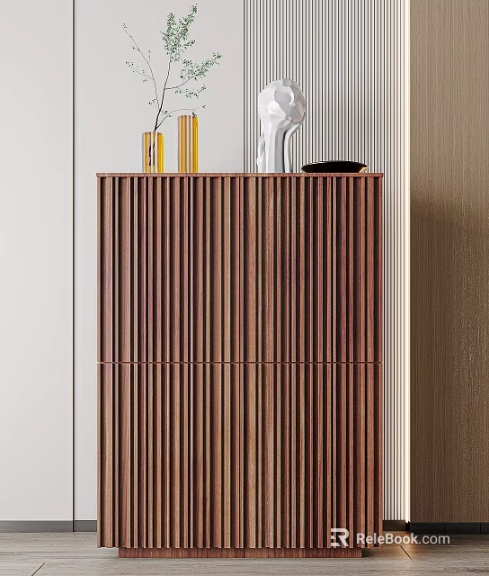 Stylish Wooden Entryway Console Cabinet With Vertical Slats Design and Decorative Vases On Top 3d model 