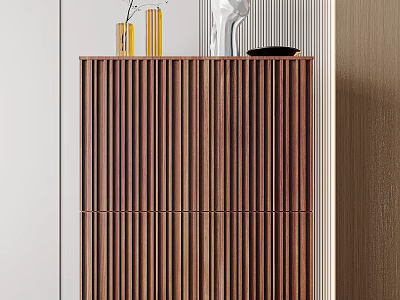 Stylish Wooden Entryway Console Cabinet With Vertical Slats Design and Decorative Vases On Top 3d model