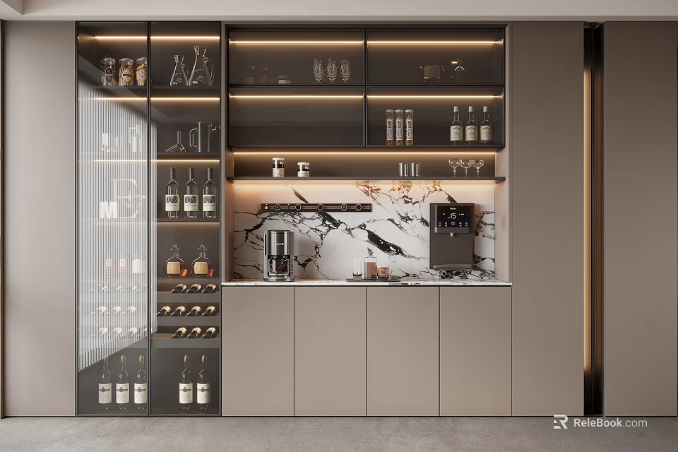 Modern Glass Door Wine Cabinet with LED Lighting Marble Countertop and Storage Space 3d model 
