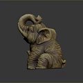 Wooden Elephant Sculpture In Sitting Posture With Curled Trunk And Detailed Texture