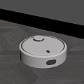 White Robot Vacuum Cleaning Wooden Floor By Window With Curtain And Green Grass