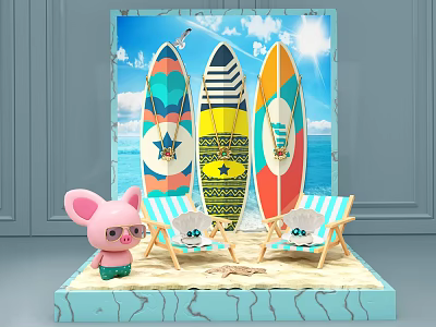 Colorful Surfboards Beach Chairs And Pig Doll On Sand With Ocean View 3d model
