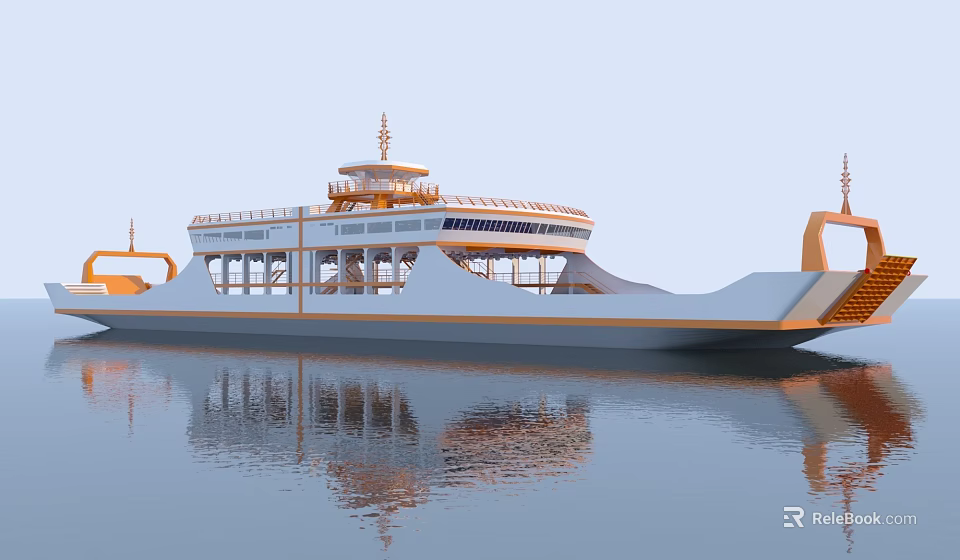 Modern Designed White and Orange Ship on Water with Upper Deck Windows and Reflection 3d model 