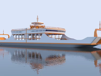 Modern Designed White and Orange Ship on Water with Upper Deck Windows and Reflection 3d model