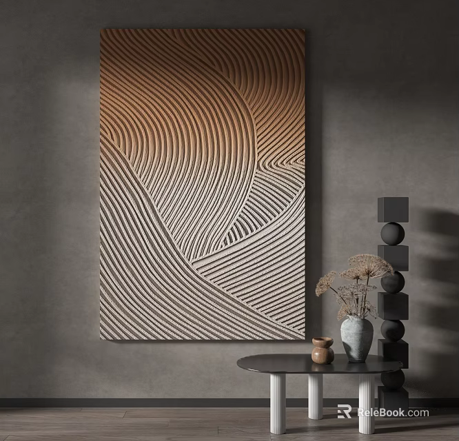 Abstract Line Art Painting With Gray Wall And Decor Elements 3d model