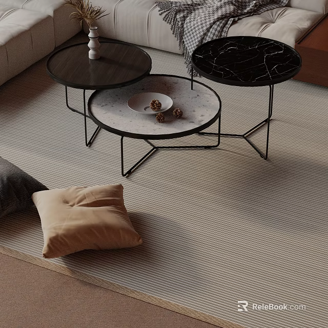 Contemporary Sofa Coffee Table Set Featuring Marble Tops Black Metal Legs and Beige Pillows 3d model 