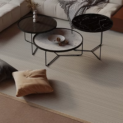 Contemporary Sofa Coffee Table Set Featuring Marble Tops Black Metal Legs and Beige Pillows 3d model