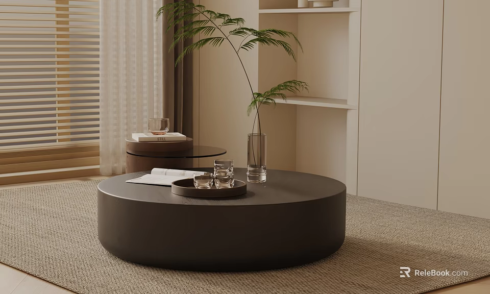 Modern Minimalist Sofa and Coffee Table Set With Round Black Table Green Plant And Tray 3d model 