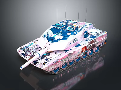 Artistic Military Vehicle With Pink White Camouflage Blue Wheels And Antennas 3d model