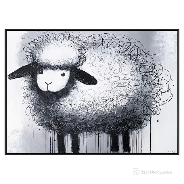 Artistic Sheep Animal Painting With Swirly Curly Lines And Neutral Background 3d model 