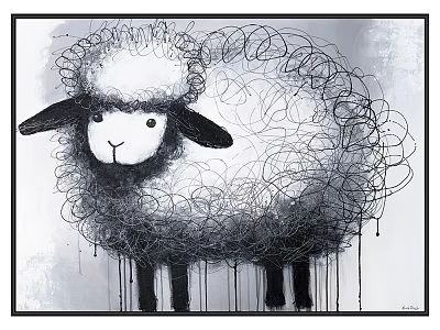 Artistic Sheep Animal Painting With Swirly Curly Lines And Neutral Background 3d model