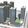 Modern High Rise Office Buildings With Green Roofs And Open Square Layout
