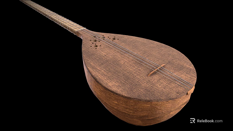 Traditional Wooden String Instrument With Long Neck And Round Resonant Body 3d model 