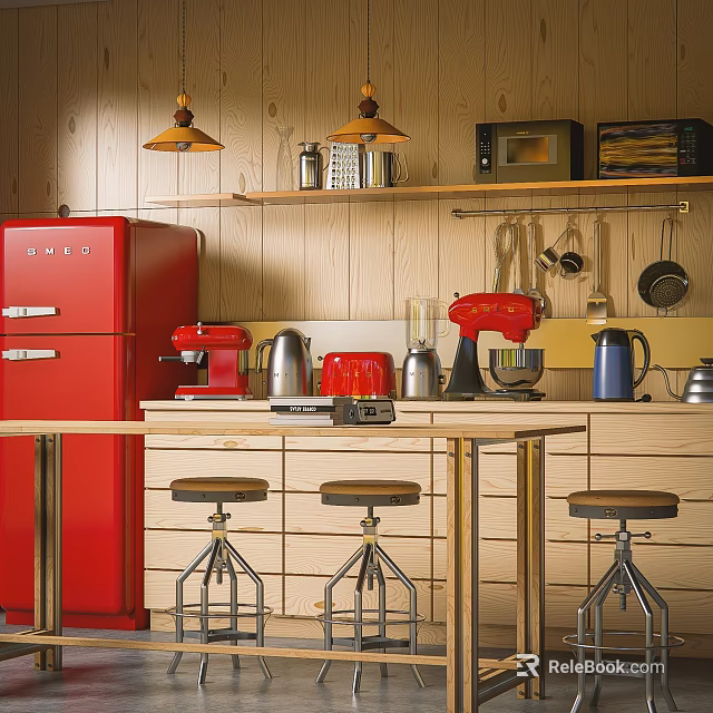 Cozy Kitchen With Red Refrigerator Coffee Maker Mixer Silver Kettle And Microwave On Bar Counter 3d model 