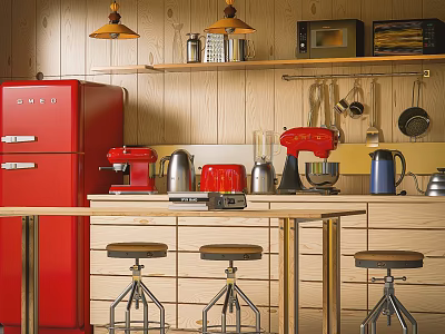 Cozy Kitchen With Red Refrigerator Coffee Maker Mixer Silver Kettle And Microwave On Bar Counter 3d model