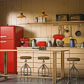 Cozy Kitchen With Red Refrigerator Coffee Maker Mixer Silver Kettle And Microwave On Bar Counter