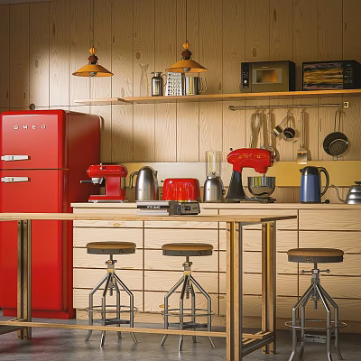 Cozy Kitchen With Red Refrigerator Coffee Maker Mixer Silver Kettle And Microwave On Bar Counter 3d model