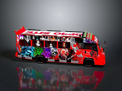 Vibrant Red Bus Featuring Colorful Graffiti Art And DUB Logo Designs 3d model