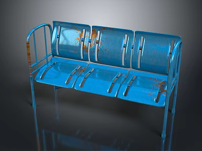 Blue Vintage Bench Furniture Featuring Metal Frame Three Seats And Worn Blue Surface 3d model