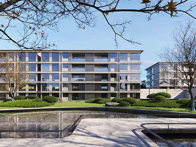 Modern Multistory Residential Building With Glass Curtain Walls Surrounded By Lawn Water Pool And Trees 3d model