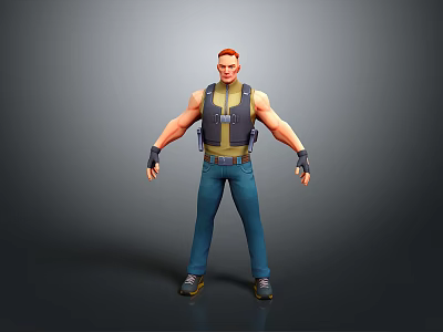 3D Male Character With Red Hair Tactical Vest Blue Jeans And Standing Pose 3d model