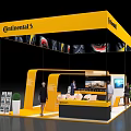 Continental Exhibition Booth With Yellow Canopy Tire Patterns People Tables Chairs And TV Screen